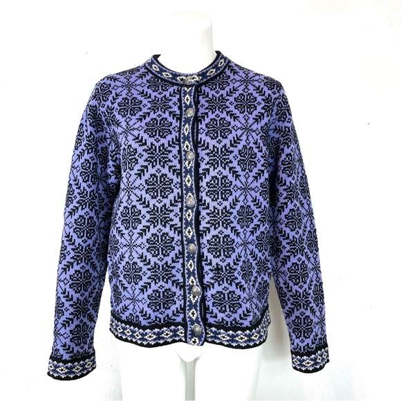 Vintage Y2K LL Bean Purple Wool Knit Nordic Cardigan Sweater Size Small - Picture 1 of 9